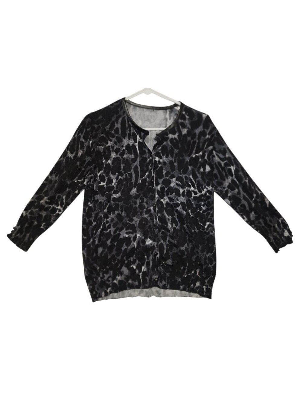 Womens Animal Print Cardigan Sweater Gray Black Button Front 3/4 Sleeve Medium